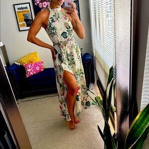 SHEIN Floral High Low Dress in Cream and Green